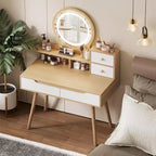 GDFStudio Kael Modern Mirror Makeup Vanity Table with Adjustable Light, 4 Drawers and 3 Open Shelves