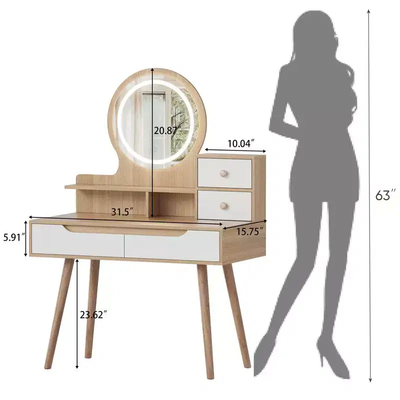 GDFStudio Kael Modern Mirror Makeup Vanity Table with Adjustable Light, 4 Drawers and 3 Open Shelves