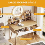 GDFStudio Kael Modern Mirror Makeup Vanity Table with Adjustable Light, 4 Drawers and 3 Open Shelves