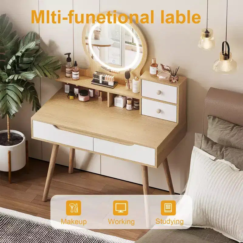 GDFStudio Kael Modern Mirror Makeup Vanity Table with Adjustable Light, 4 Drawers and 3 Open Shelves