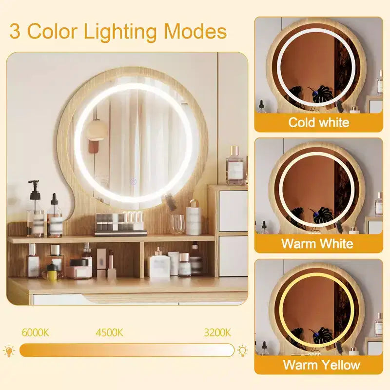 GDFStudio Kael Modern Mirror Makeup Vanity Table with Adjustable Light, 4 Drawers and 3 Open Shelves