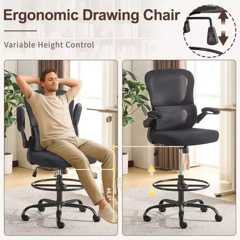 Chaise de bureau haute Karl Home | Respirante en maille, chaise de dessinateur avec anneau de repose-pieds réglable