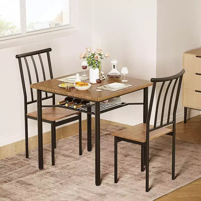 3-Piece Rustic Dining Set - Square Table & Chairs for 2 with Wine Rack, Small Space Kitchen
