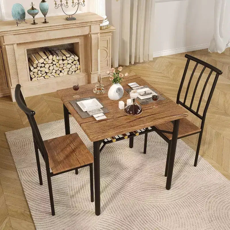 3-Piece Rustic Dining Set - Square Table & Chairs for 2 with Wine Rack, Small Space Kitchen