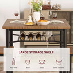 3-Piece Rustic Dining Set - Square Table & Chairs for 2 with Wine Rack, Small Space Kitchen
