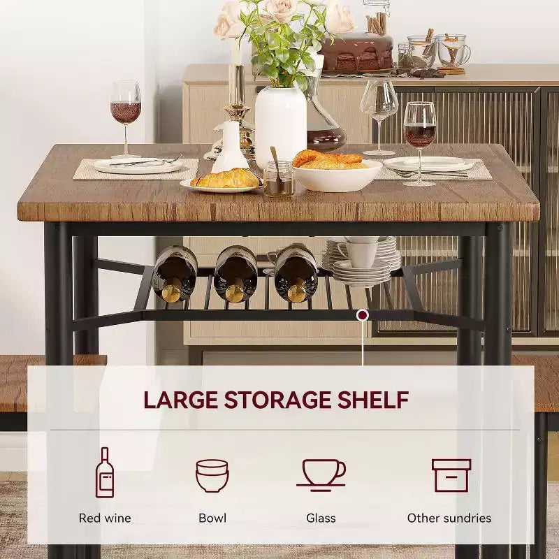 3-Piece Rustic Dining Set - Square Table & Chairs for 2 with Wine Rack, Small Space Kitchen