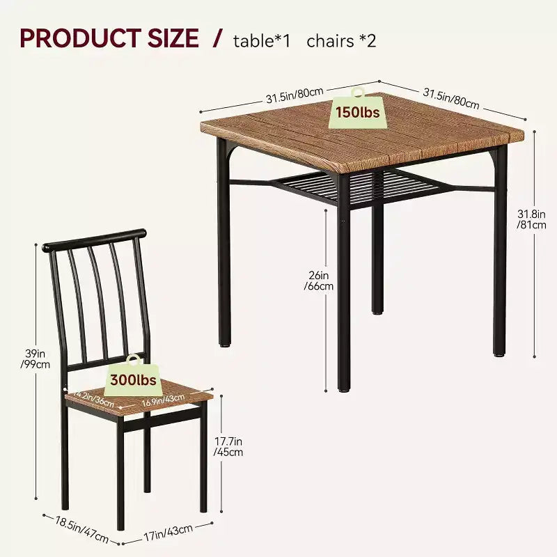 3-Piece Rustic Dining Set - Square Table & Chairs for 2 with Wine Rack, Small Space Kitchen