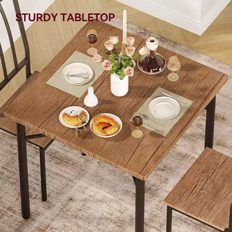 3-Piece Rustic Dining Set - Square Table & Chairs for 2 with Wine Rack, Small Space Kitchen