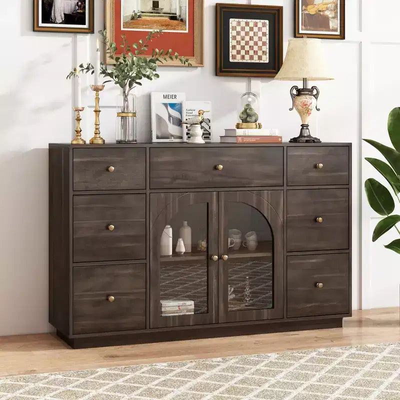 Christopher Knight Home Mirae 55.1'' Vintage Storage Cabinet with 7 Drawers, 2 Glass Doors and Adjustable Shelves