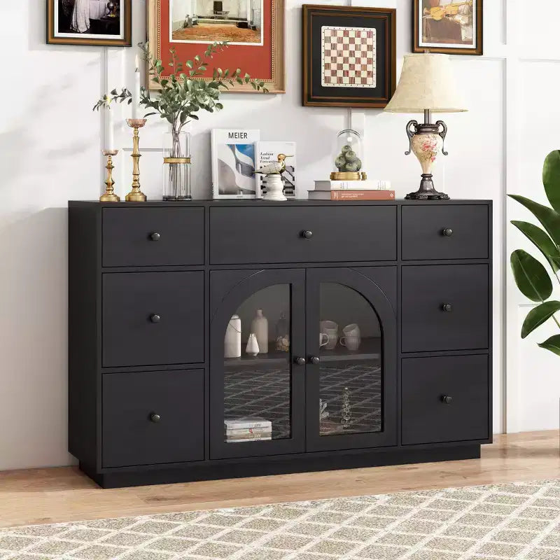 Christopher Knight Home Mirae 55.1'' Vintage Storage Cabinet with 7 Drawers, 2 Glass Doors and Adjustable Shelves