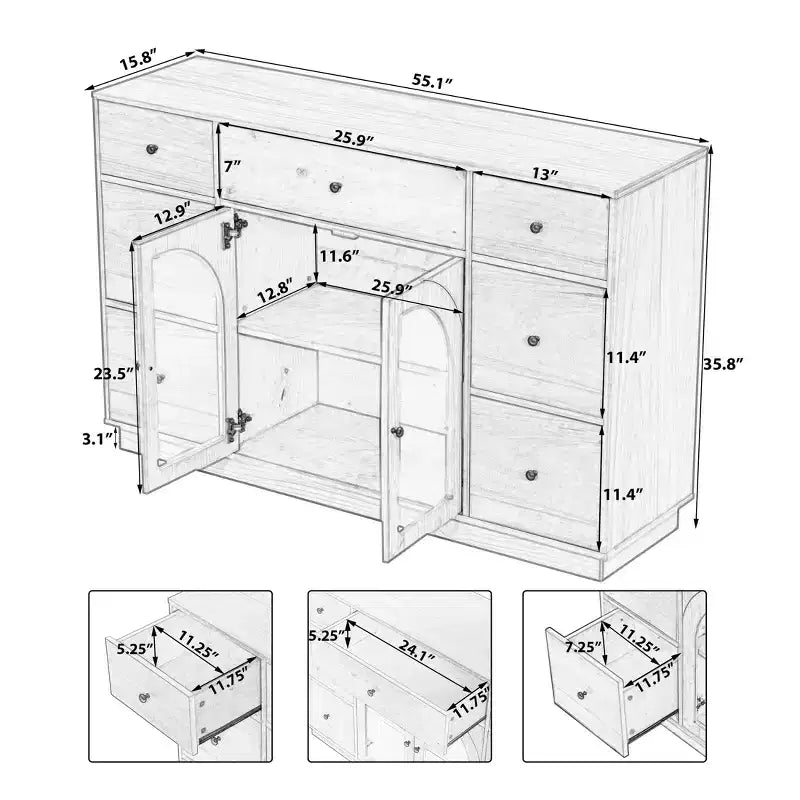 Christopher Knight Home Mirae 55.1'' Vintage Storage Cabinet with 7 Drawers, 2 Glass Doors and Adjustable Shelves