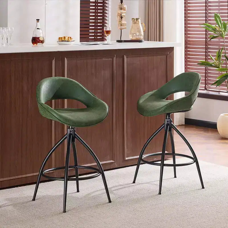 Karl Home 2 Piece Set of Green Swivel Bar Stools with Hollow - out Backrest, PU Upholstery & Powder