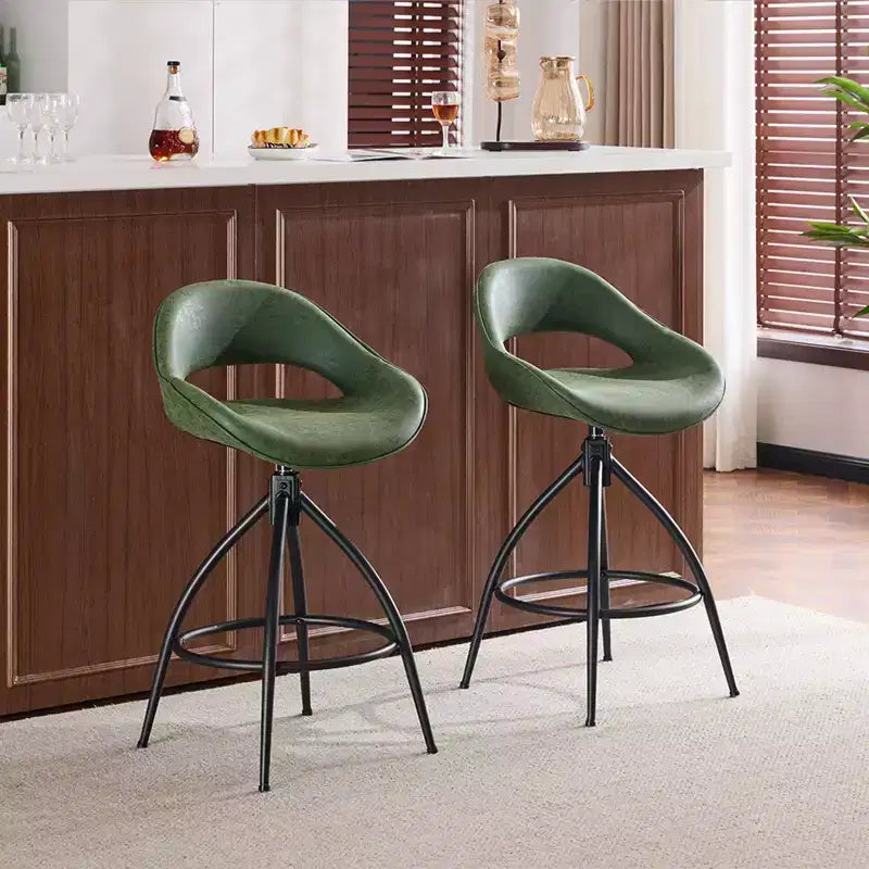 Karl Home 2 Piece Set of Green Swivel Bar Stools with Hollow - out Backrest, PU Upholstery & Powder