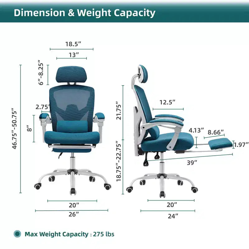Okak Modern High-Back Mesh Home Office Chair with Retractable Footrest,Adjustable Swivel Task Chair for Office,Study