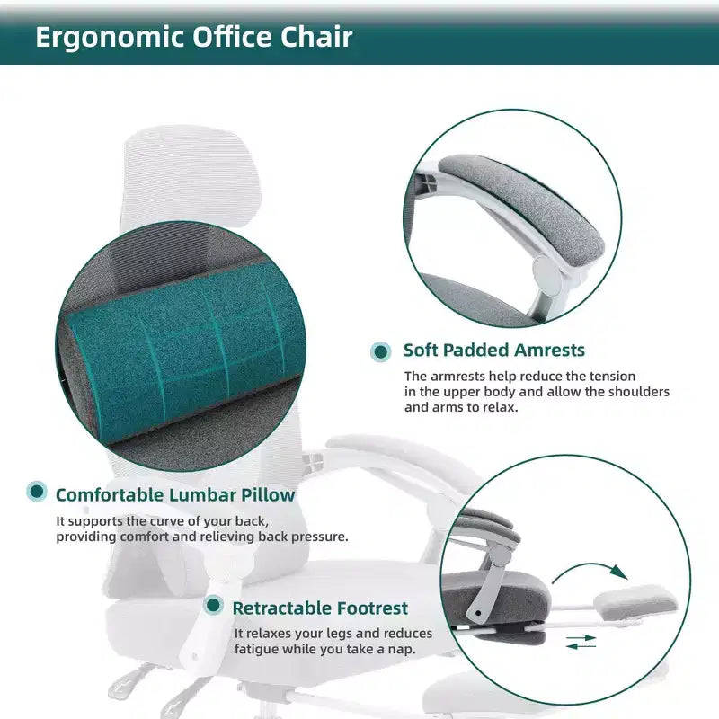 Okak Modern High-Back Mesh Home Office Chair with Retractable Footrest,Adjustable Swivel Task Chair for Office,Study