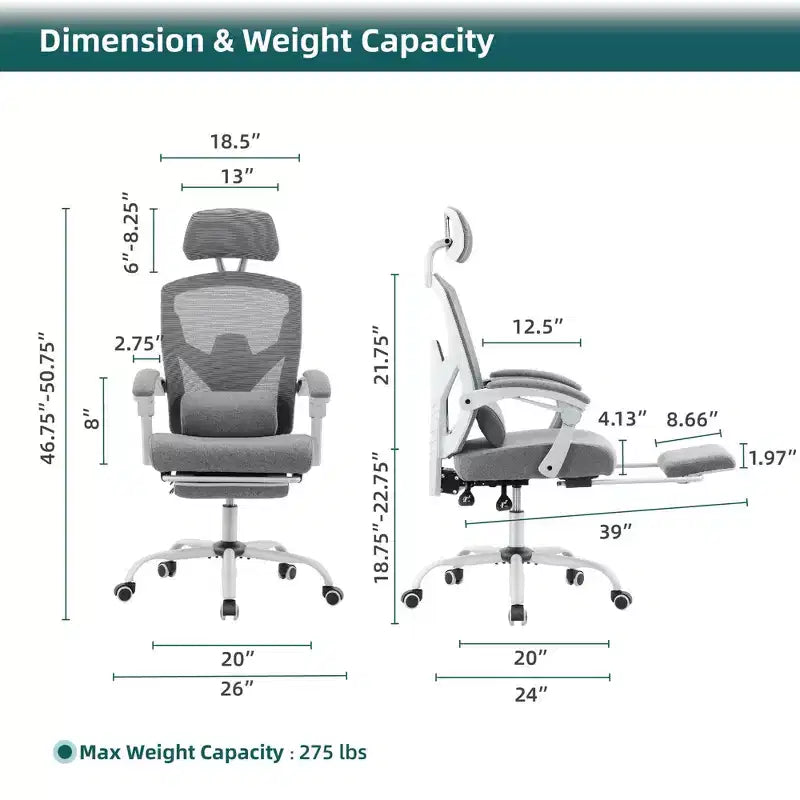 Okak Modern High-Back Mesh Home Office Chair with Retractable Footrest,Adjustable Swivel Task Chair for Office,Study