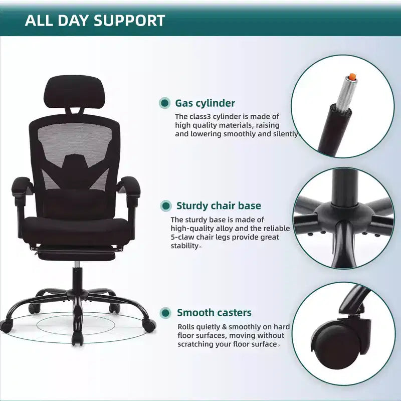 Okak Modern High-Back Mesh Home Office Chair with Retractable Footrest,Adjustable Swivel Task Chair for Office,Study