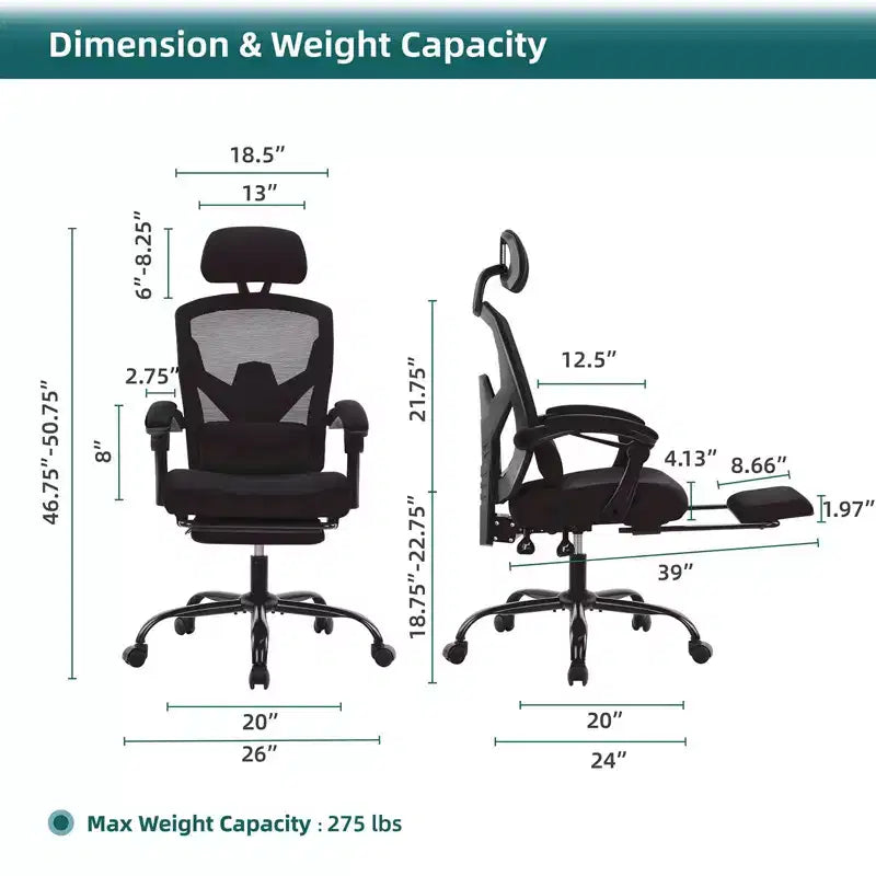 Okak Modern High-Back Mesh Home Office Chair with Retractable Footrest,Adjustable Swivel Task Chair for Office,Study