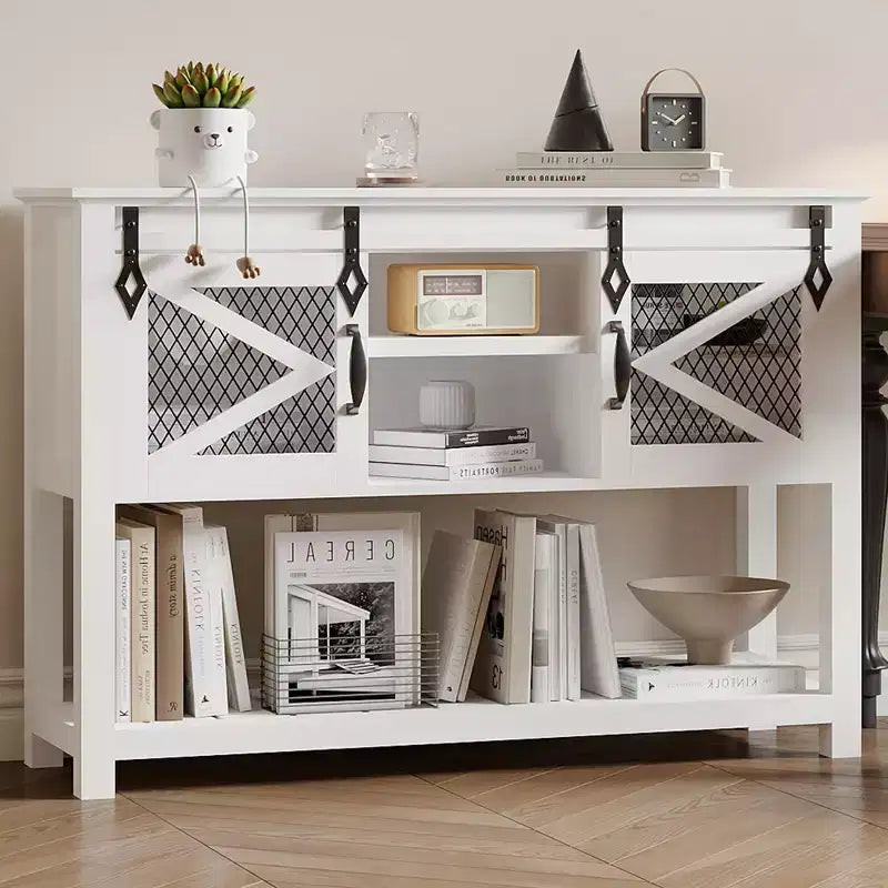 GustoWave Entryway Table w/Sliding Barn Doors, 46'' Farmhouse & Industrial Console Table with Storage, Sofa Table w/Open Shelf , White