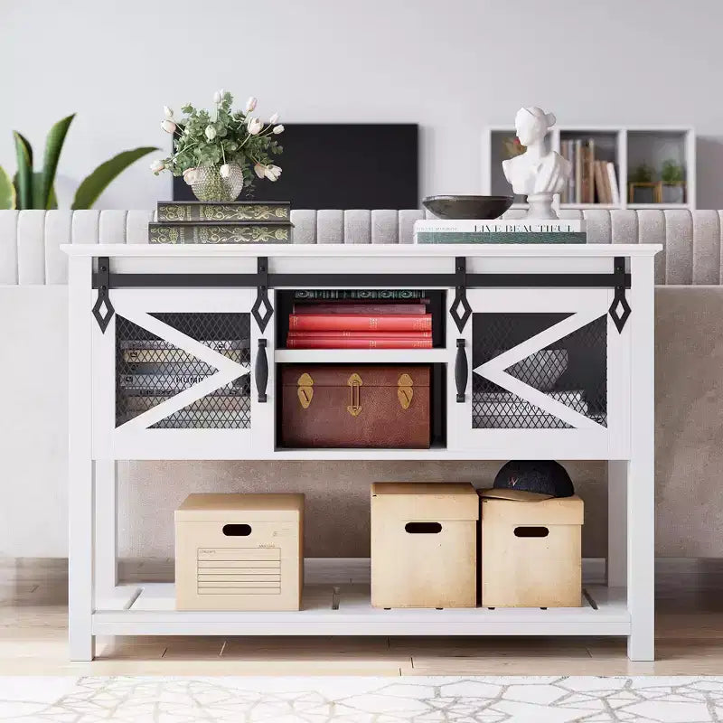 GustoWave Entryway Table w/Sliding Barn Doors, 46'' Farmhouse & Industrial Console Table with Storage, Sofa Table w/Open Shelf , White