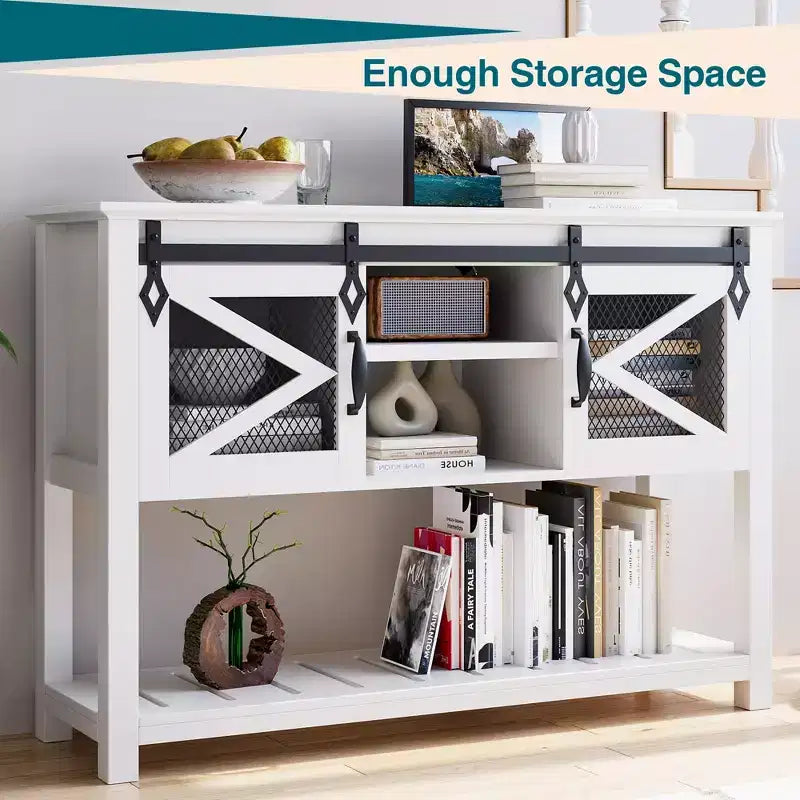 GustoWave Entryway Table w/Sliding Barn Doors, 46'' Farmhouse & Industrial Console Table with Storage, Sofa Table w/Open Shelf , White