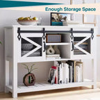 GustoWave Entryway Table w/Sliding Barn Doors, 46'' Farmhouse & Industrial Console Table with Storage, Sofa Table w/Open Shelf , White