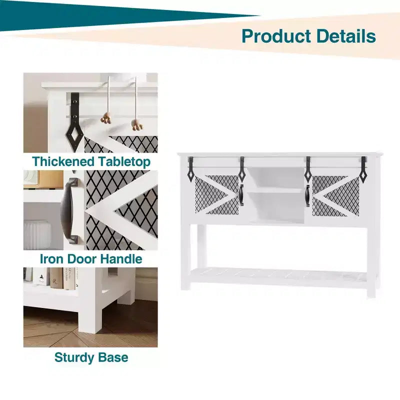 GustoWave Entryway Table w/Sliding Barn Doors, 46'' Farmhouse & Industrial Console Table with Storage, Sofa Table w/Open Shelf , White