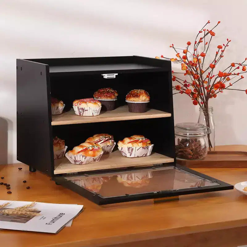 Bread Box for Kitchen Counter, Double Layer Bamboo Bread Storage with Window