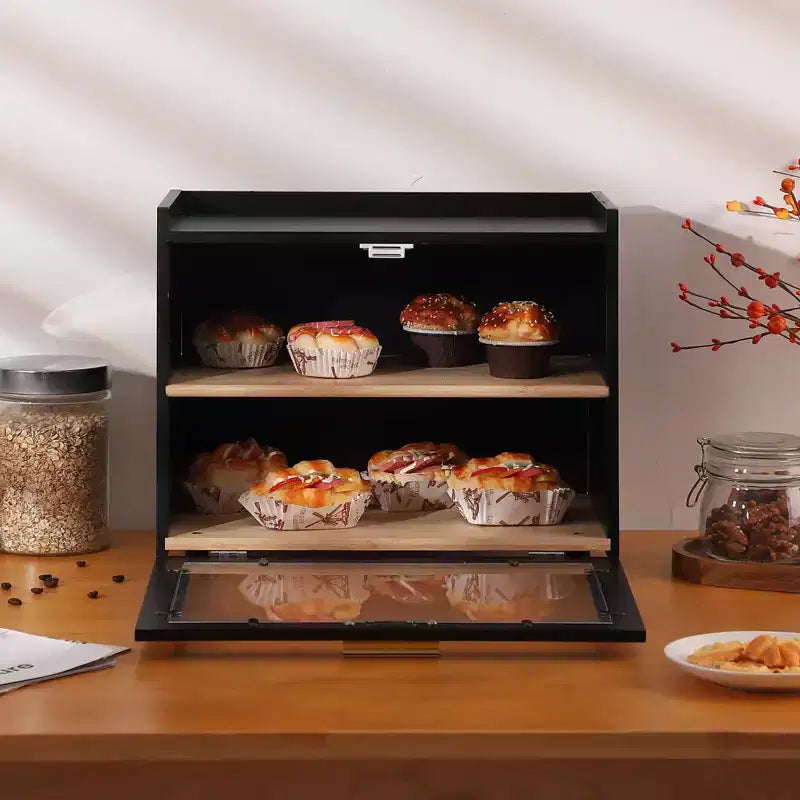 Bread Box for Kitchen Counter, Double Layer Bamboo Bread Storage with Window