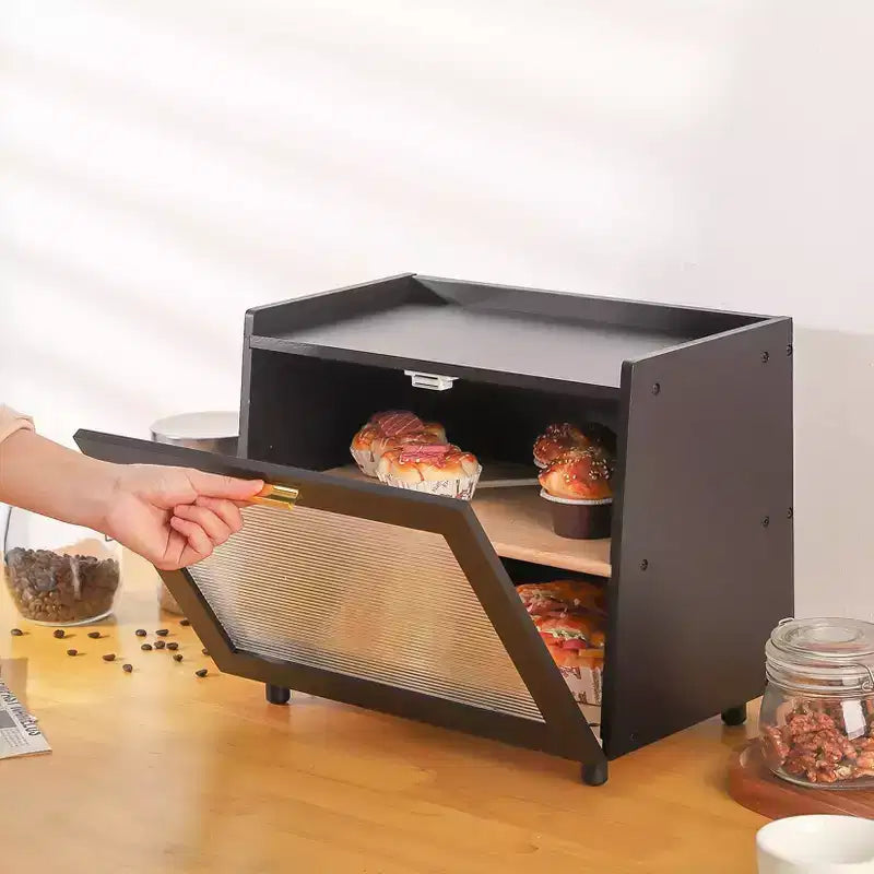 Bread Box for Kitchen Counter, Double Layer Bamboo Bread Storage with Window
