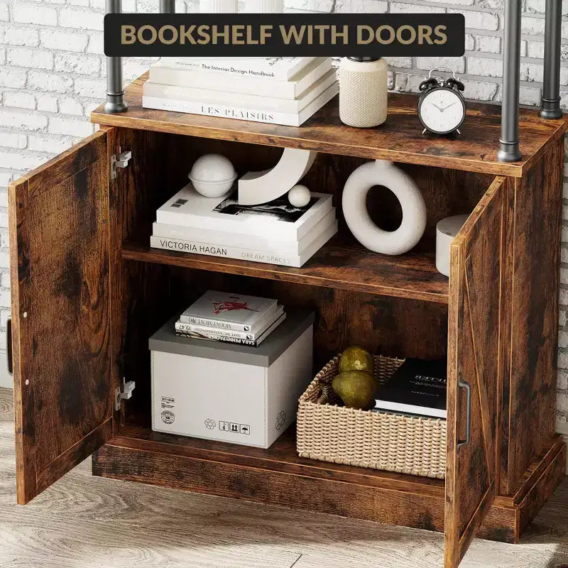 Bibliothèque moderne haute de 73 po avec armoire, bibliothèque en bois à 3 niveaux avec cadre en métal, meuble de rangement autonome pour chambre à coucher, salon, marron