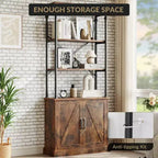 Bibliothèque moderne haute de 73 po avec armoire, bibliothèque en bois à 3 niveaux avec cadre en métal, meuble de rangement autonome pour chambre à coucher, salon, marron