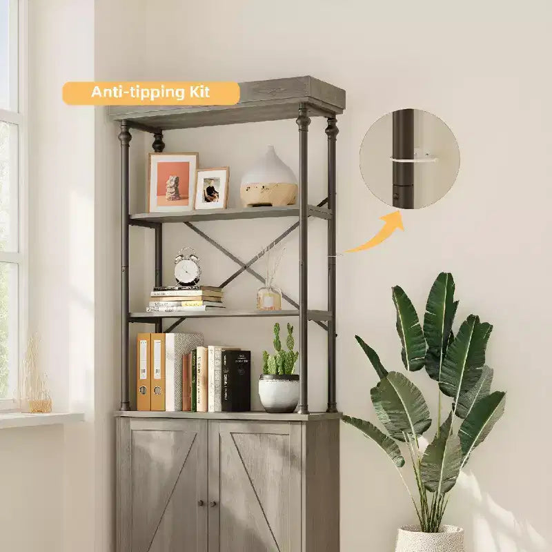 Bibliothèque moderne haute de 73 po avec armoire, bibliothèque en bois à 3 niveaux avec cadre en métal, meuble de rangement autonome pour chambre à coucher, salon, marron