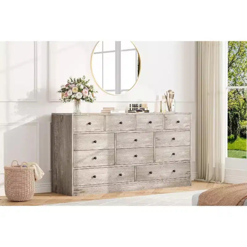COZONY Commode 12 Tiroirs pour Chambre, Commode Haute 61 Tiroirs en Bois, Commode Moderne avec Glissières Métalliques, Grand Rangement pour Salon, Couloir