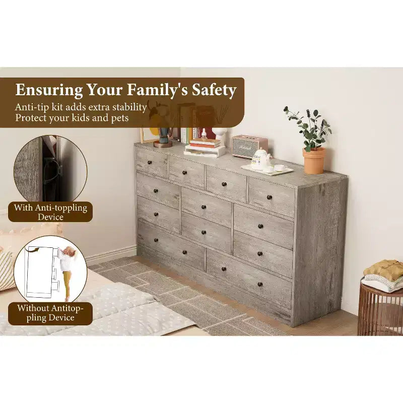 COZONY Commode 12 Tiroirs pour Chambre, Commode Haute 61 Tiroirs en Bois, Commode Moderne avec Glissières Métalliques, Grand Rangement pour Salon, Couloir