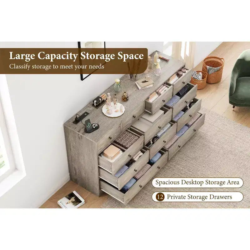 COZONY Commode 12 Tiroirs pour Chambre, Commode Haute 61 Tiroirs en Bois, Commode Moderne avec Glissières Métalliques, Grand Rangement pour Salon, Couloir