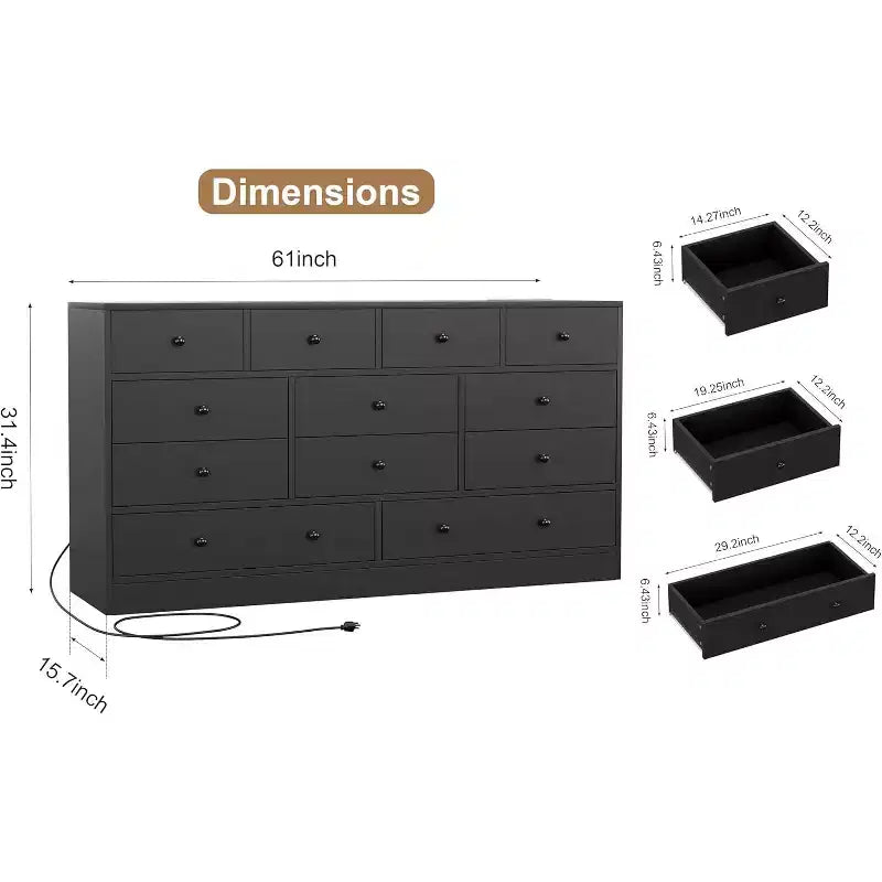 COZONY Commode 12 Tiroirs pour Chambre, Commode Haute 61 Tiroirs en Bois, Commode Moderne avec Glissières Métalliques, Grand Rangement pour Salon, Couloir
