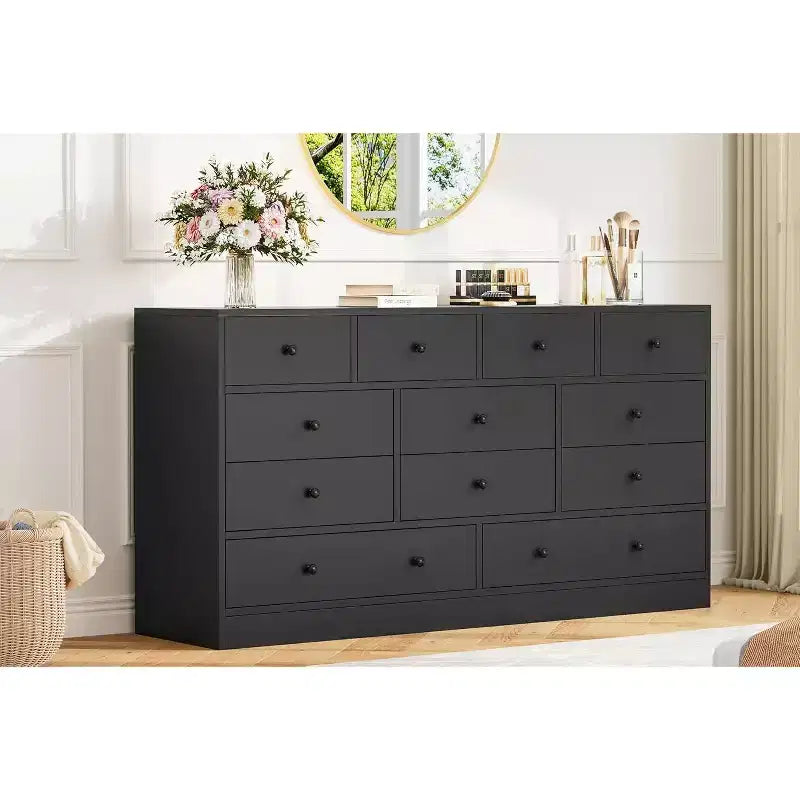 COZONY Commode 12 Tiroirs pour Chambre, Commode Haute 61 Tiroirs en Bois, Commode Moderne avec Glissières Métalliques, Grand Rangement pour Salon, Couloir