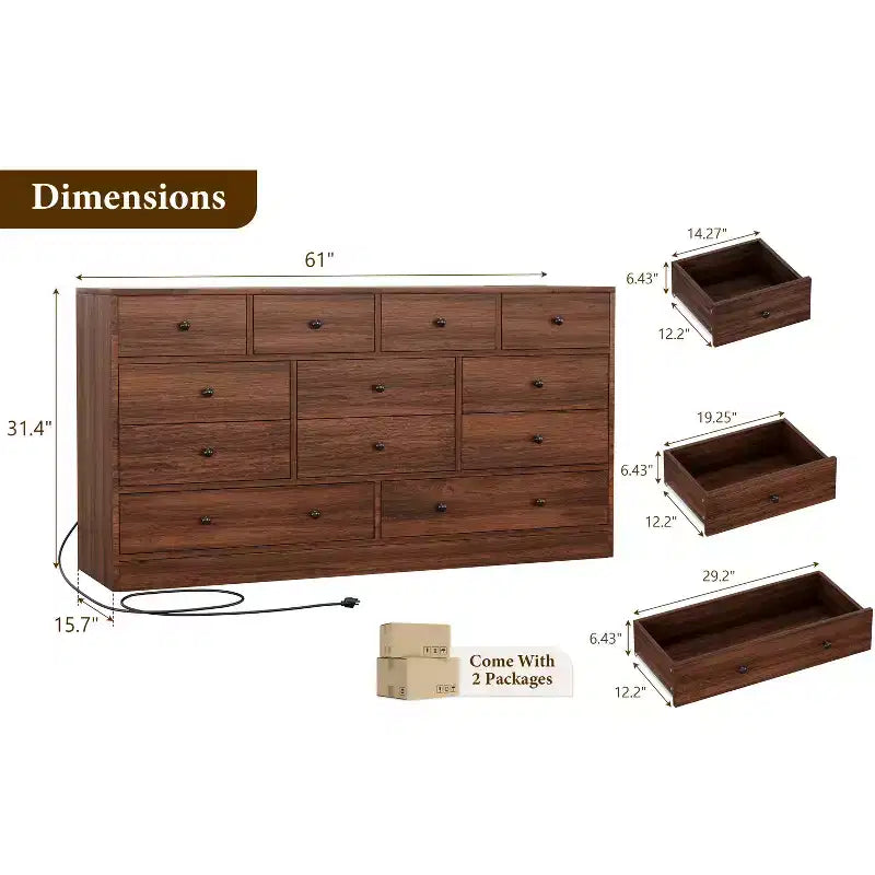 COZONY Commode 12 Tiroirs pour Chambre, Commode Haute 61 Tiroirs en Bois, Commode Moderne avec Glissières Métalliques, Grand Rangement pour Salon, Couloir