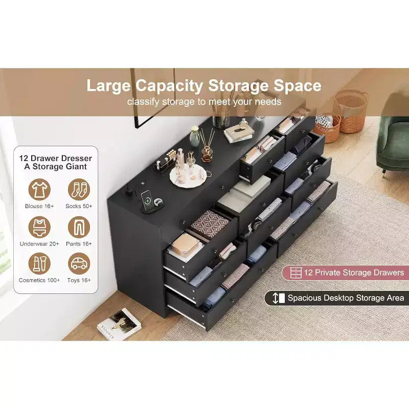 COZONY Commode 12 Tiroirs pour Chambre, Commode Haute 61 Tiroirs en Bois, Commode Moderne avec Glissières Métalliques, Grand Rangement pour Salon, Couloir