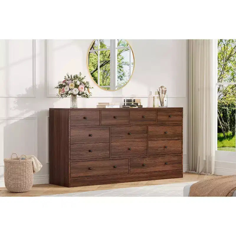 COZONY Commode 12 Tiroirs pour Chambre, Commode Haute 61 Tiroirs en Bois, Commode Moderne avec Glissières Métalliques, Grand Rangement pour Salon, Couloir