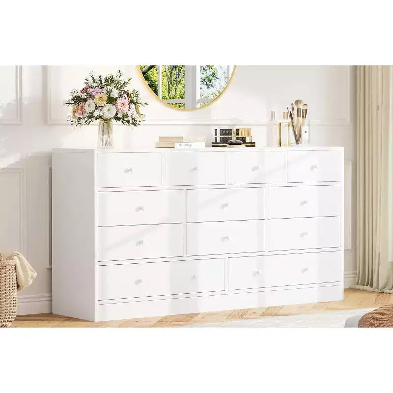 COZONY Commode 12 Tiroirs pour Chambre, Commode Haute 61 Tiroirs en Bois, Commode Moderne avec Glissières Métalliques, Grand Rangement pour Salon, Couloir