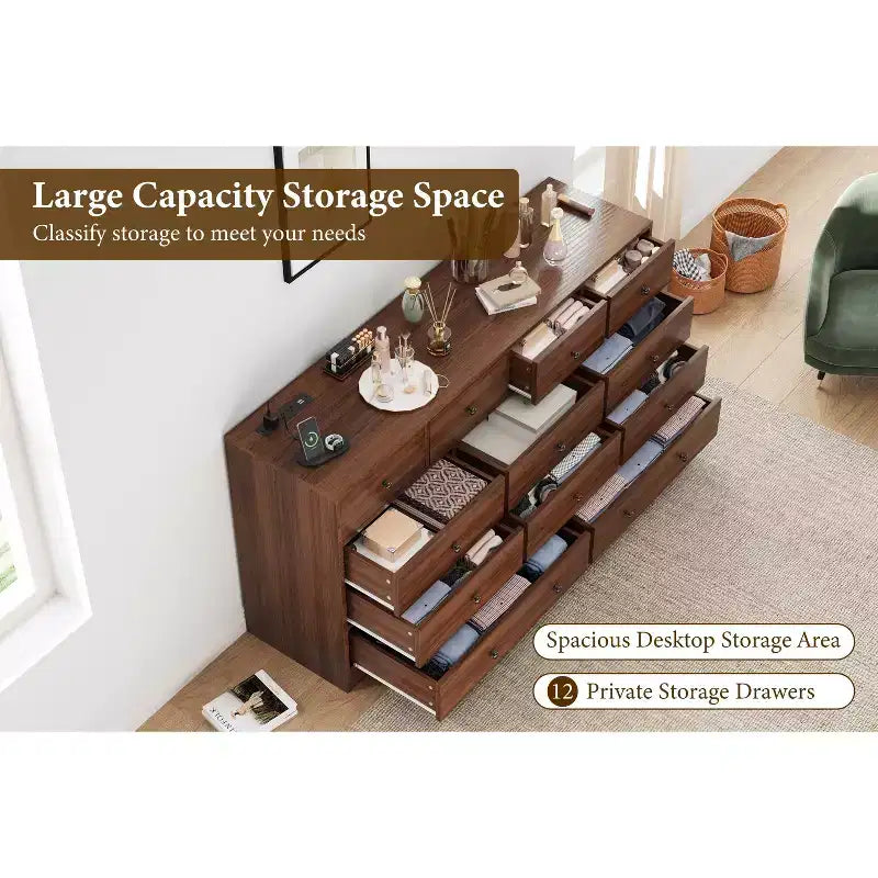 COZONY Commode 12 Tiroirs pour Chambre, Commode Haute 61 Tiroirs en Bois, Commode Moderne avec Glissières Métalliques, Grand Rangement pour Salon, Couloir