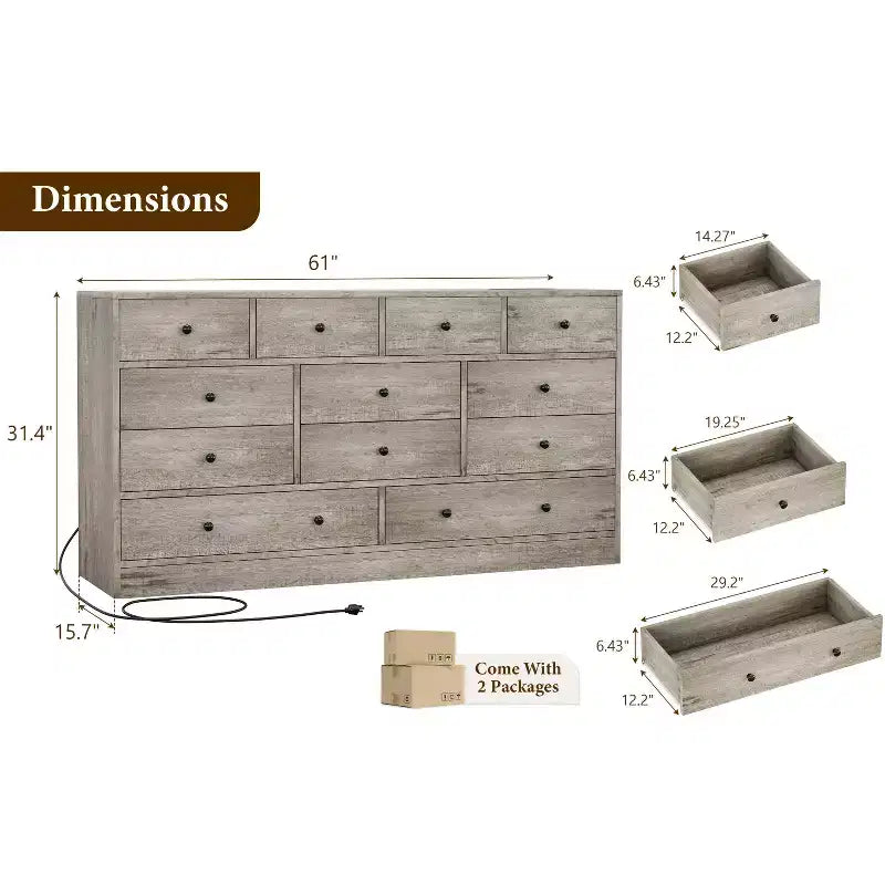 COZONY Commode 12 Tiroirs pour Chambre, Commode Haute 61 Tiroirs en Bois, Commode Moderne avec Glissières Métalliques, Grand Rangement pour Salon, Couloir