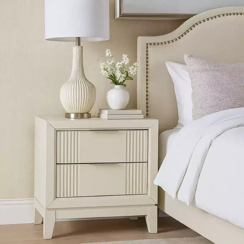 Royal Hampton Nightstand, 2 Drawers, Antique White Finished Solid Wood, 27 Inch
