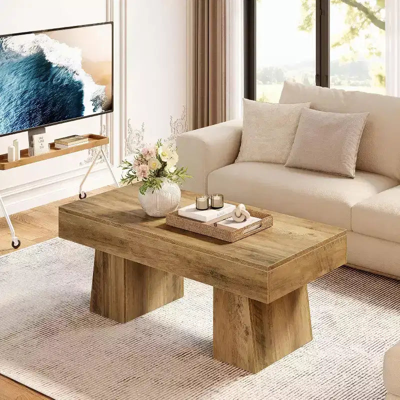 Table basse Lantine 47, Table basse rectangulaire en bois avec base épaisse, pour salon, salle de séjour