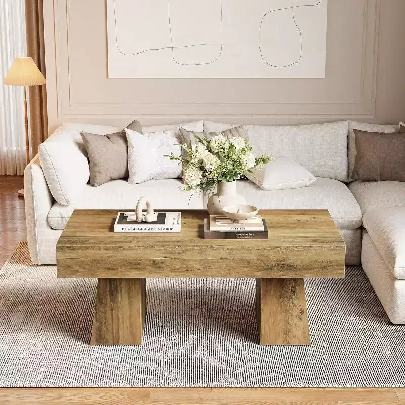 Table basse Lantine 47, Table basse rectangulaire en bois avec base épaisse, pour salon, salle de séjour