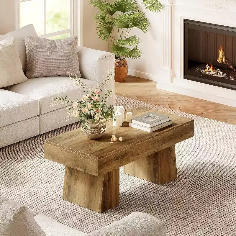 Table basse Lantine 47, Table basse rectangulaire en bois avec base épaisse, pour salon, salle de séjour