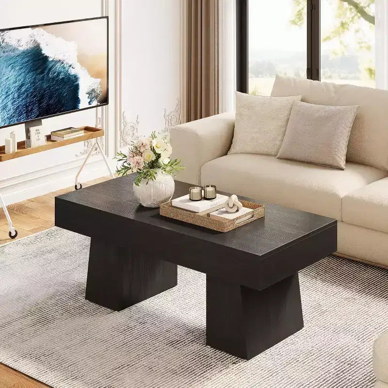 Table basse Lantine 47, Table basse rectangulaire en bois avec base épaisse, pour salon, salle de séjour