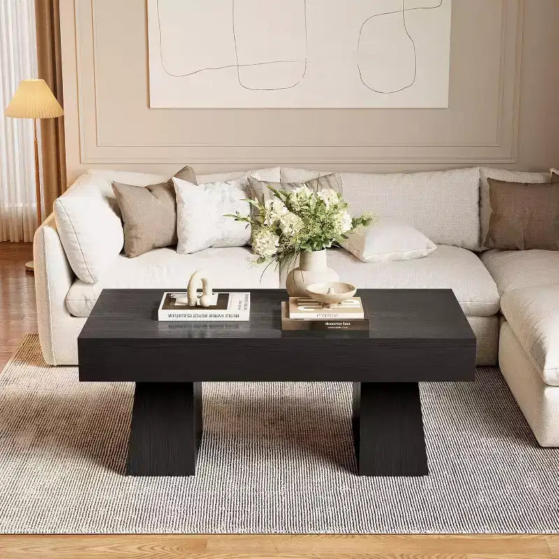 Table basse Lantine 47, Table basse rectangulaire en bois avec base épaisse, pour salon, salle de séjour